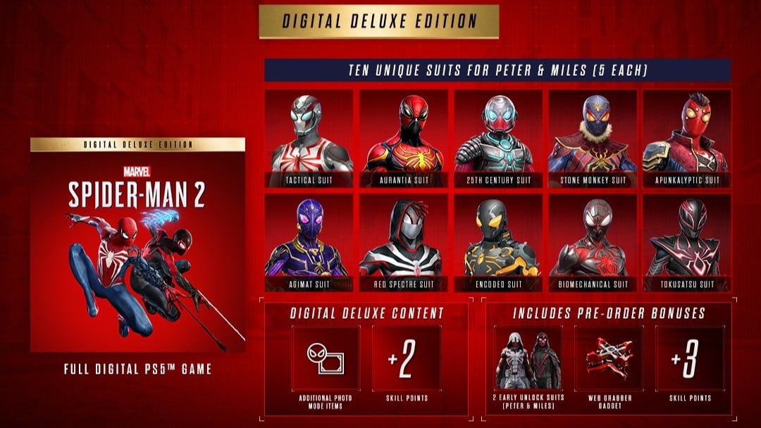 10 個の Marvel's Spider-Man 2: Digital Deluxe Edition スーツは購入者限定であり、ゲーム内でロックを解除することはできません